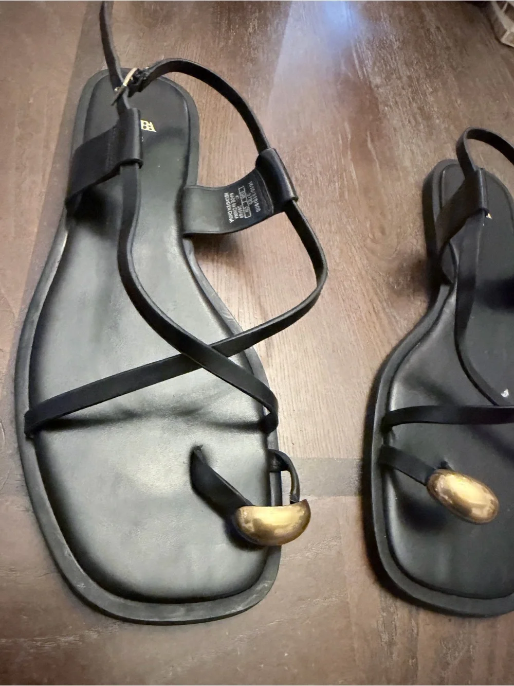Zara Black Strappy Sandals with Gold Toe Accent - Picture 4 of 6